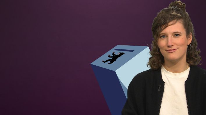 Person vor lila Hintergrund mit animierter Wahlurne
