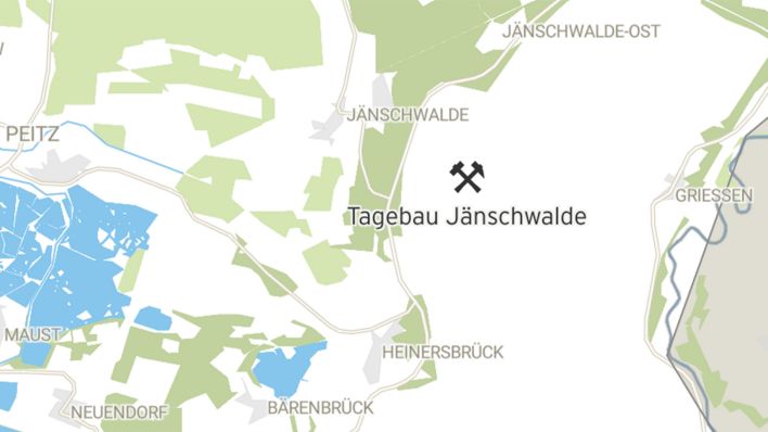 Kartenausschnitt: Tagebau Jänschwalde und Umgebung. (Quelle: rbb/datawrapper)