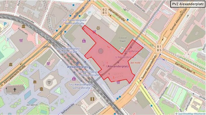 Böllerverbotszone auf dem Alexanderplatz zum Jahreswechsel 2023/24 (Quelle: OpenStreetMap/Polizei Berlin)