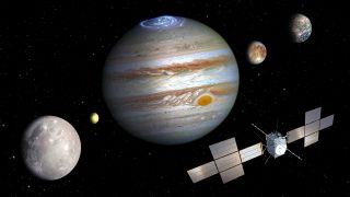 Die nicht maßstabsgetreue Abbildung zeigt die Sonde «Juice», Jupiter (M) und die Monde Ganymed (l-r), Io, Europa und Kallisto. Der Start der Sonde ist für den 13. April vom Weltraumbahnhof Kourou in Französisch Guayana geplant. (Handout; picture alliance/dpa/ESA/ATG medialab/NASA/J. Nichols/University of Leicester/JPL/University of Arizona/DLR)