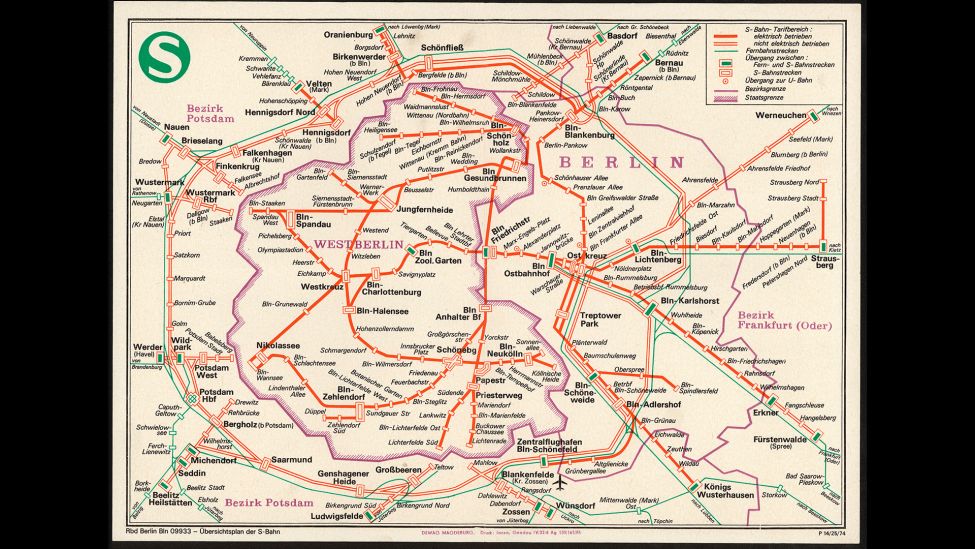 ,Übersichtsplan der S-Bahn Berlin 1974, S-Bahn (Stadtbahn). (Quelle: akg-images)