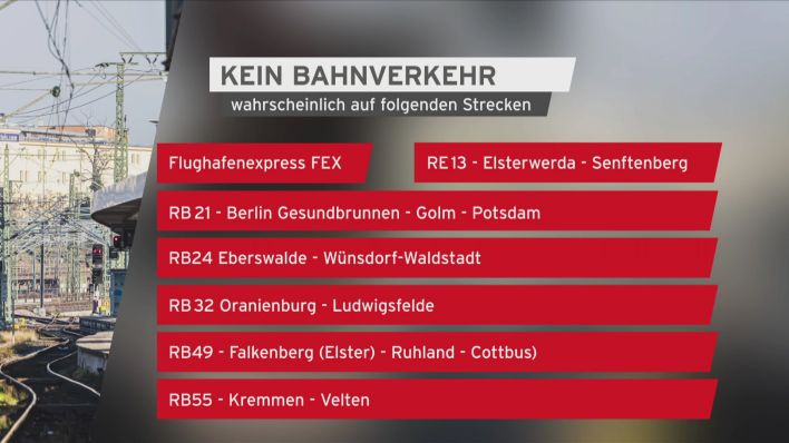 Züge, die in Brandenburg wegen des GDL-Lokführerstreiks ab dem 23.01.23 ausfallen werden (Quelle: rbb).