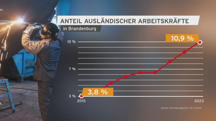Grafik, die zeigt, wie der Anteil ausländischer Arbeitskräfte in Brandenburg in den vergangenen Jahren gestiegen ist (Quelle: rbb).