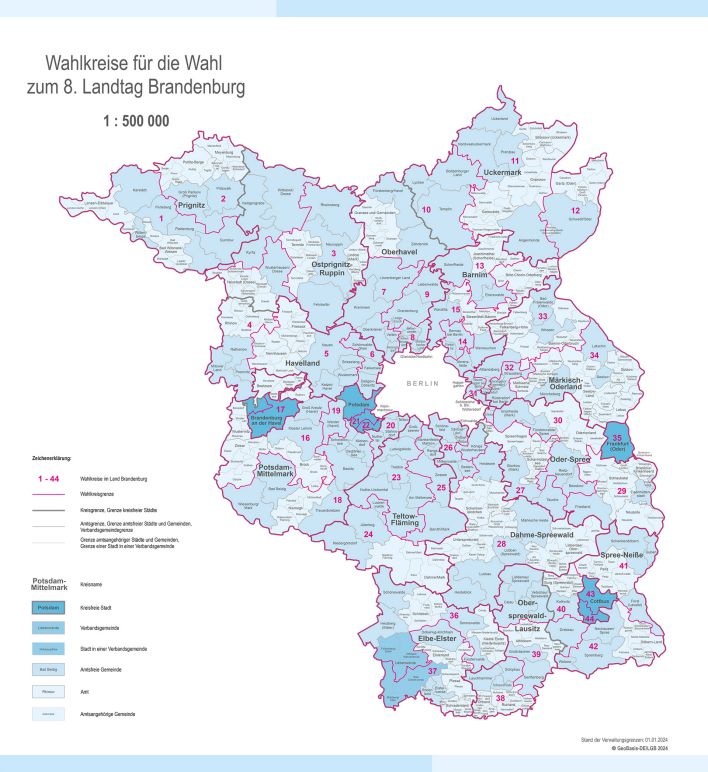 Wahlkreise für die Wahl zum 8. Landtag Brandenburg. (Quelle: Land Brandenburg)