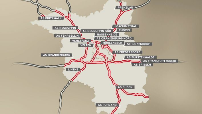 Die Karte zeigt die Autobahnauffahrten, die die Landwirte bei ihren Protesten am Montag blockieren wollen. (Quelle: rbb)