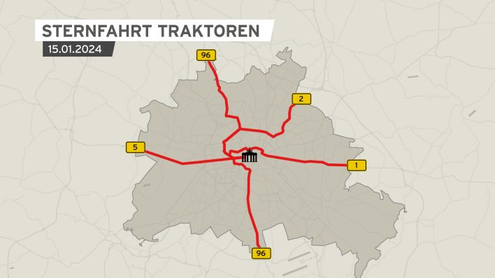 Karte: Traktoren-Sternfahrt am 15.01.2024 in Berlin. (Quelle: rbb)