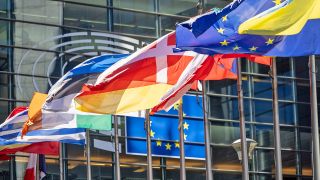 Symbolbild: Das Europaparlament von außen mit Flaggen einiger Mitgliedsstaaten in Brüssel am 06.09.2023.(Quelle: dpa/Thomas Banneyer)