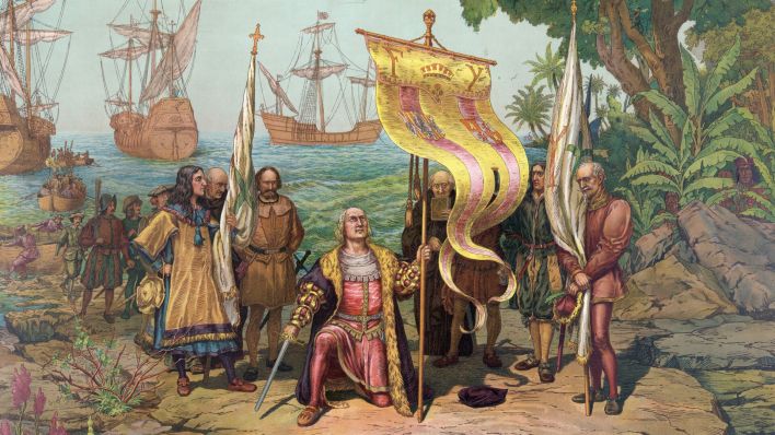 Christoph Kolumbus bei seiner Ankunft auf der Insel San Salvador (Bild: imago images/H.Tschanz-Hoffmann)