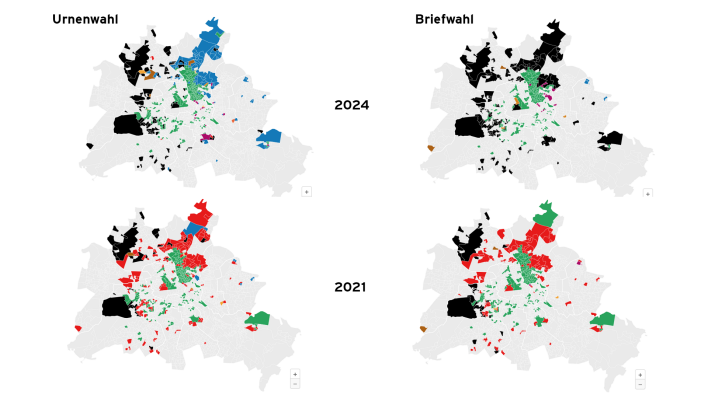 Berliner Bundestagswahl: Urnenwahl/Briefwahl 2021/2024 im Vergleich (Quelle: rbb24)