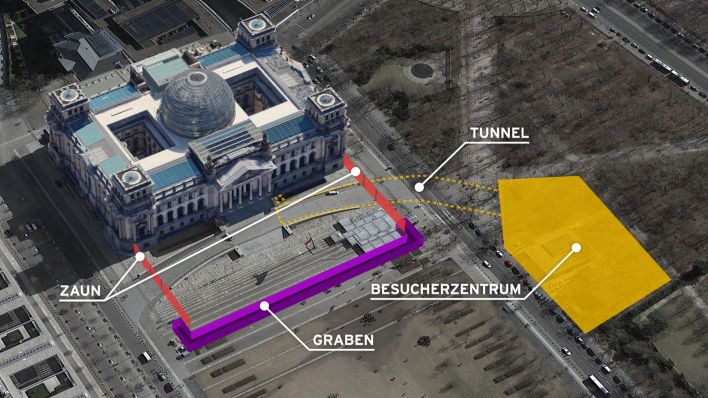 Grafik: Künftige Bauarbeiten rund um den Reichstag. (Quelle: rbb24/Google Earth)