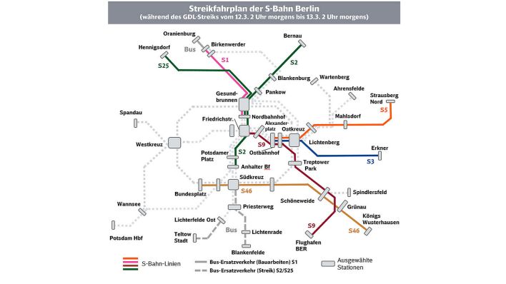 Karte Streik Fahrplan S-Bahn Berlin.(Quelle:S-Bahn Berlin)