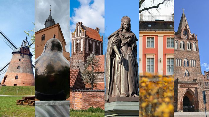 Collage: Mühlenhof in Straupitz; Kunstwerk "Birne von Ribbeck"; Kirche am Dorfanger im Ortsteil Lindena; Das Denkmal für Prinzessin Louise Henriette von Oranien auf dem Schloßplatz; Das Schloss in der Stadt Bad Freienwalde; Die geschlossene Maria-Magdalenen-Kirche. (Quelle: dpa/Stache/Pleul/Kalaene/Zinken/Wiedl)