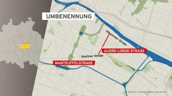 Grafik: Verlauf der Audre-Lorde-Straße auf der ehemaligen Manteuffelstraße in Berlin-Kreuzberg (Quelle: rbb)