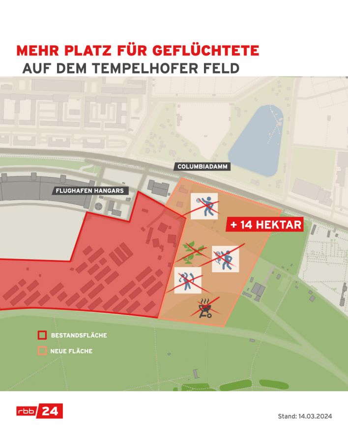 Karte: Mehr Platz für Geflüchtete auf dem Tempelhofer Feld. (Quelle: rbb)