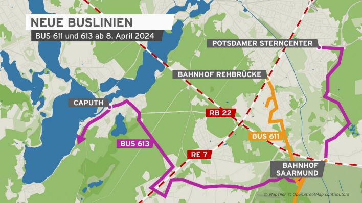 Neue ÖPNV-Verbindungen vom Bahnhof Saarmund zum BER und nach Potsdam. (Quelle: rbb)