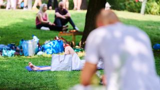 Symbolbild: Menschen liegen und sitzen im Schatten der Bäume im Volkspark am Weinberg in Mitte. (Quelle: dpa/Annette Riedl)