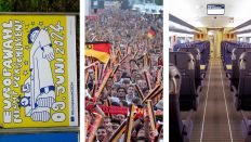Collage: Auf einem Plakat wird fuer die Europawahl am 9. Juni 2024 geworben; Fanmeile in Berlin; ICE-Plätze bei der Taufe des ersten ICE 3neo. (Quelle: dpa/Steinach/Stauffenberg/Geisler)