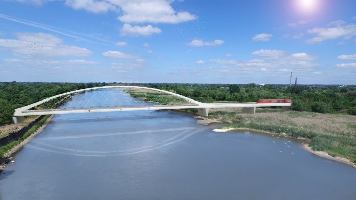 So soll die neue Oderbrücke bei Küstrin-Kiez einmal aussehen, wenn sie Ende 2022 fertig werden soll. (Quelle:MediaPortal der Deutschen Bahn)
