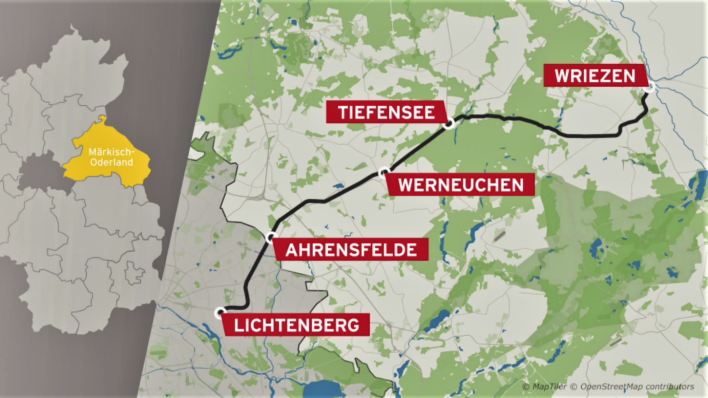 Die einstige Strecke verlief von Lichtenberg über Ahrensfelde, Werneuchen und Tiefensee nach Wriezen.
