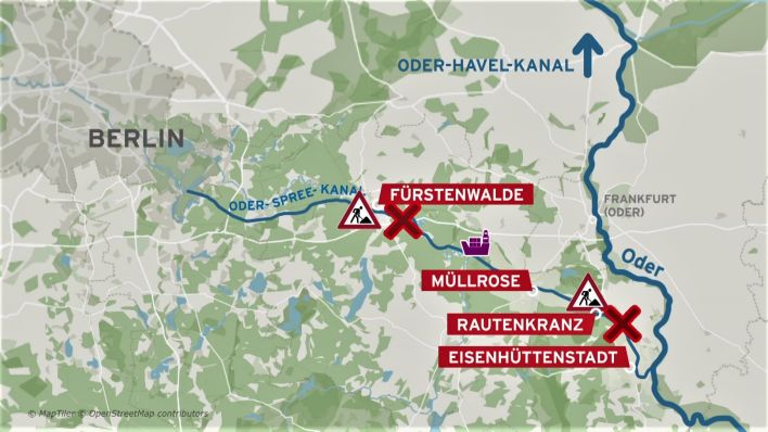 Karte mit Baustellen und Sperrungen am Oder-Spree-Kanal