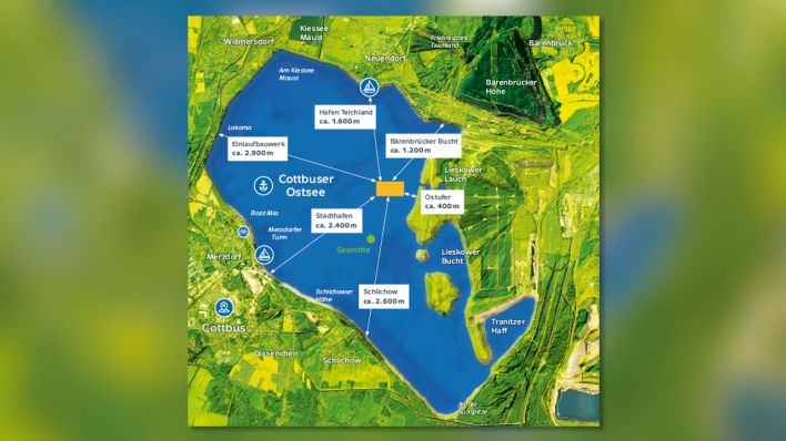 Lage der schwimmenden PV-Anlage auf dem künftigen Cottbuser Ostsee (Grafik: Leag)