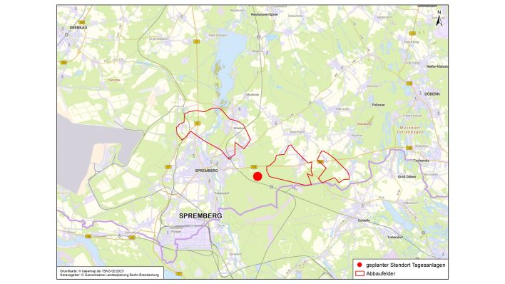 Auf einer Karte sind der geplante Standort der Tagesanlagen und die möglichen Abbaufelder eingezeichnet (Quelle: MIL Brandenburg/basemap.de/Gemeinsame Landesplanung Berlin-Brandenburg)