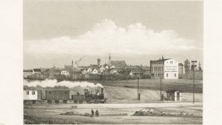 Eine Lithographie von Robert Geissler zeigt einen Cottbuser Eisenbahnübergang um 1870 (Quelle: Stadtmuseum Cottbus)
